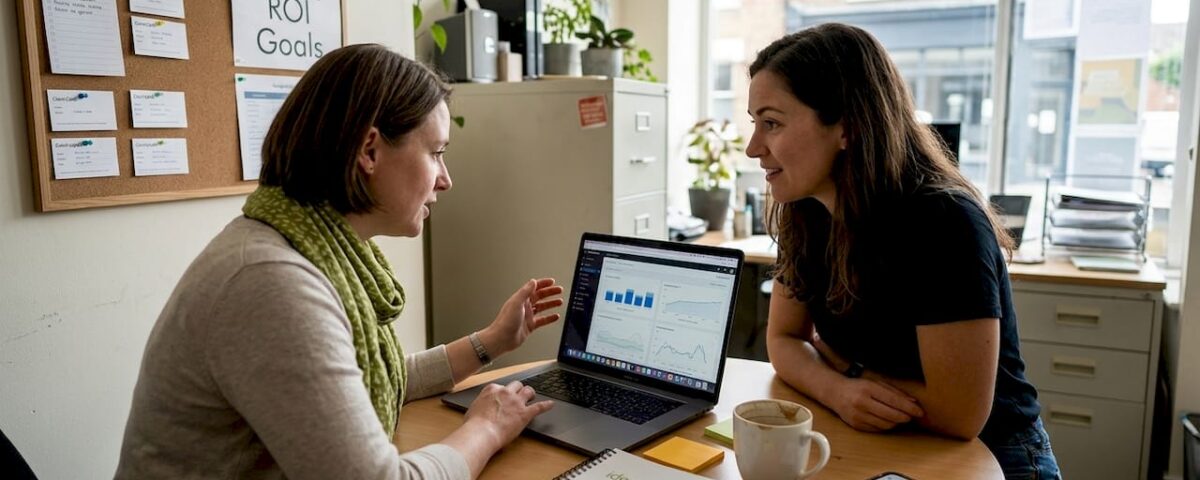 Two women discussing digital marketing strategies over a laptop in an office setting.