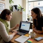 Discussing Digital Marketing Strategies | Idea Stream Marketing Two women discussing digital marketing strategies over a laptop in an office setting.
