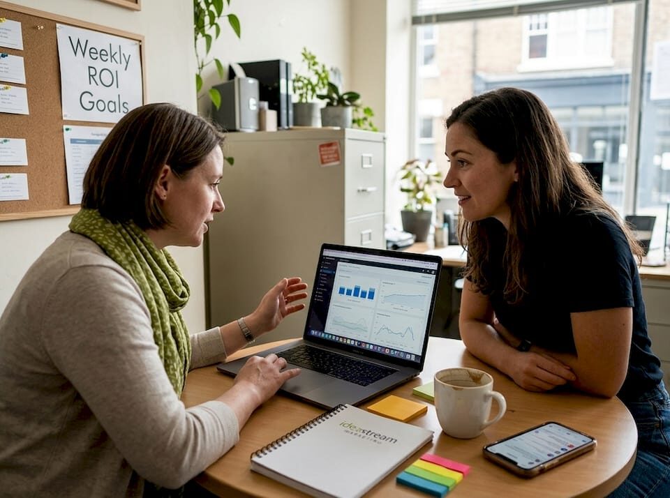 Two women discussing digital marketing strategies over a laptop in an office setting.