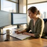 A woman in an office reviewing growth charts on dual monitors while taking notes.