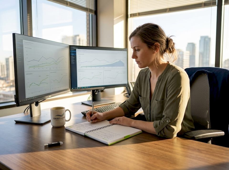 A woman in an office reviewing growth charts on dual monitors while taking notes.