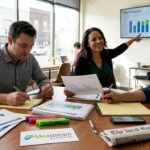 Three people discussing sales leads around a table in a coworking space.