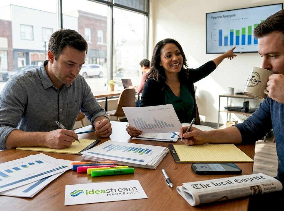 Three people discussing sales leads around a table in a coworking space.