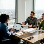 Team discussing video marketing strategies in a conference room
