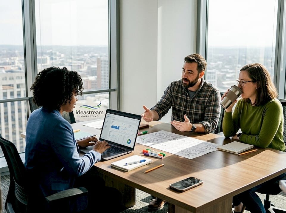 Team discussing video marketing strategies in a conference room
