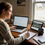 Woman writing in a notebook while working on digital marketing tasks at a desk with a laptop and tablet.