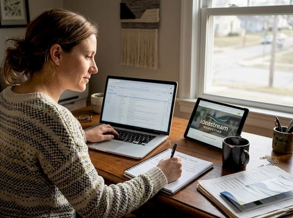 Woman writing in a notebook while working on digital marketing tasks at a desk with a laptop and tablet.