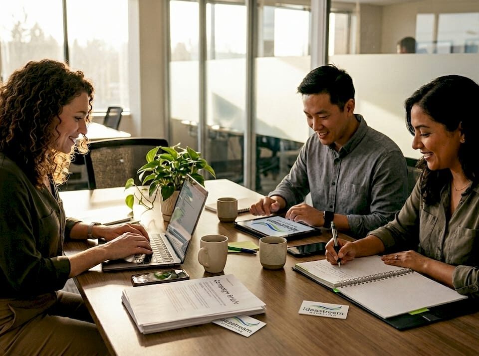 Three colleagues collaborating in an open-plan office, using laptops and tablets.