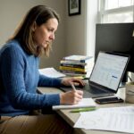 A woman analyzing data on a laptop while taking notes at a desk filled with documents and books.