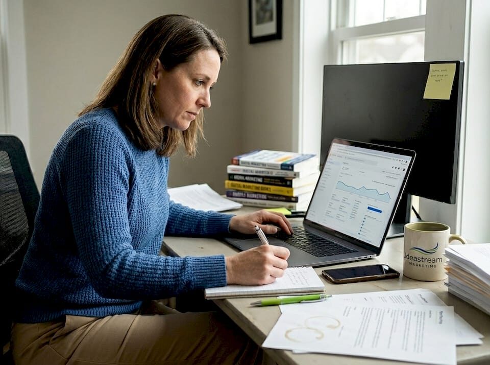 A woman analyzing data on a laptop while taking notes at a desk filled with documents and books.