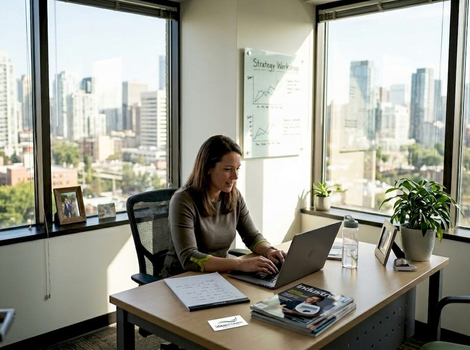 Professional woman working on digital marketing in a modern office with city view.