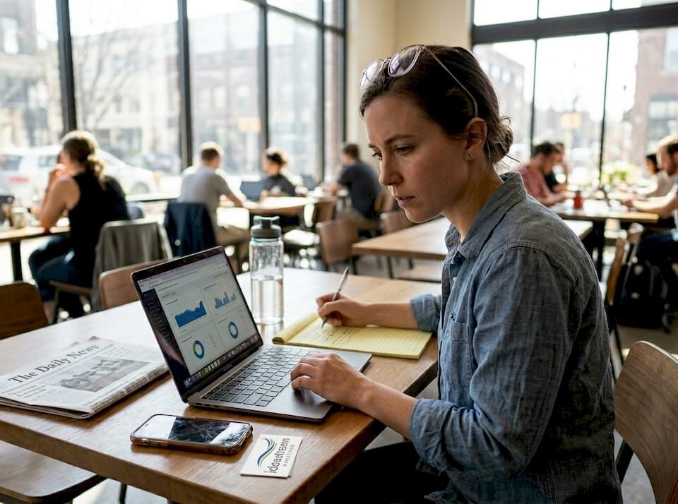 A woman analyzing digital marketing data on a laptop in a busy café.