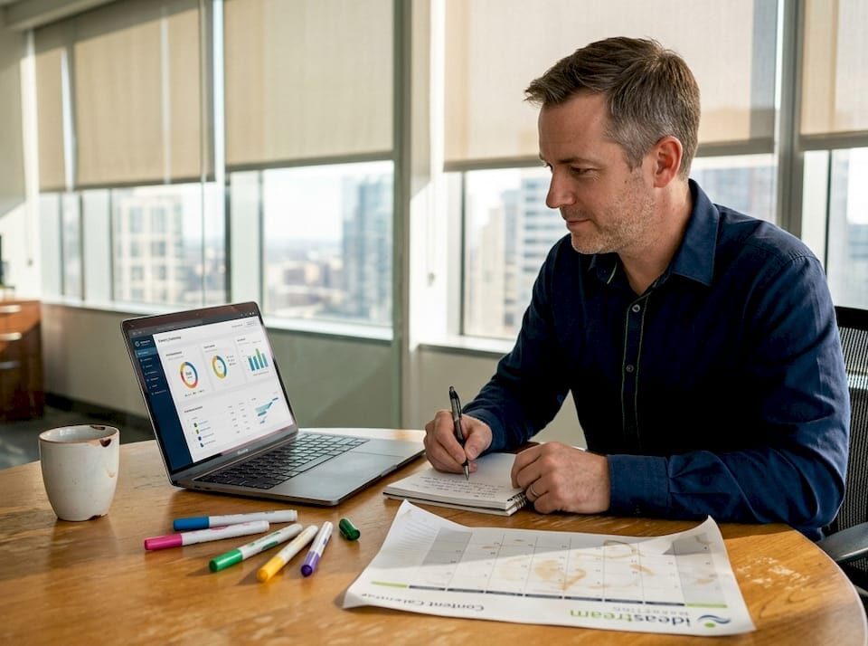 Man writing notes beside a laptop displaying marketing analytics and colorful markers on a table.