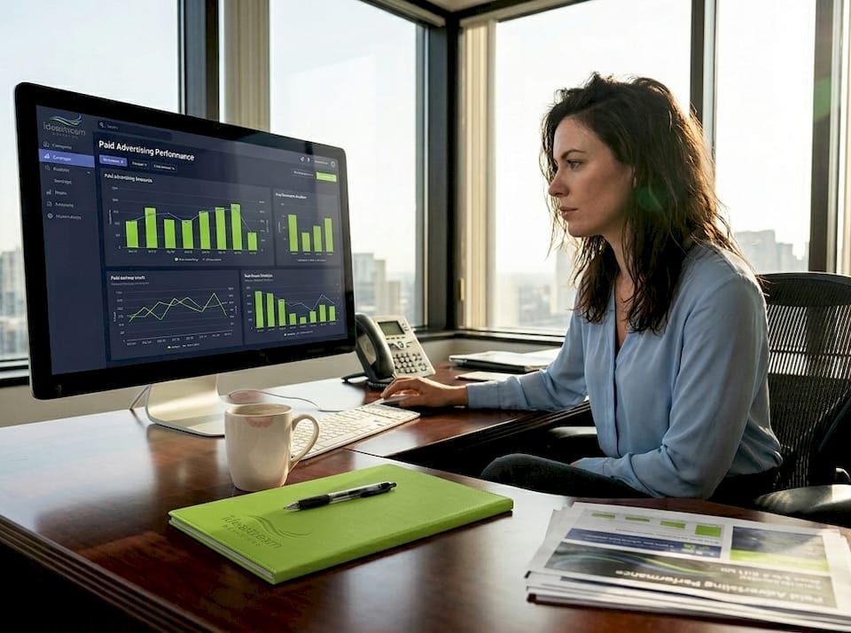 Woman analyzing paid advertising performance data on a desktop in an office with a city view.