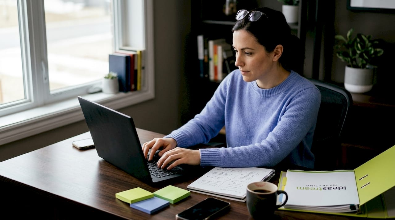 Woman working at a desk in a home office, typing on a laptop with notes and colorful sticky notes nearby.