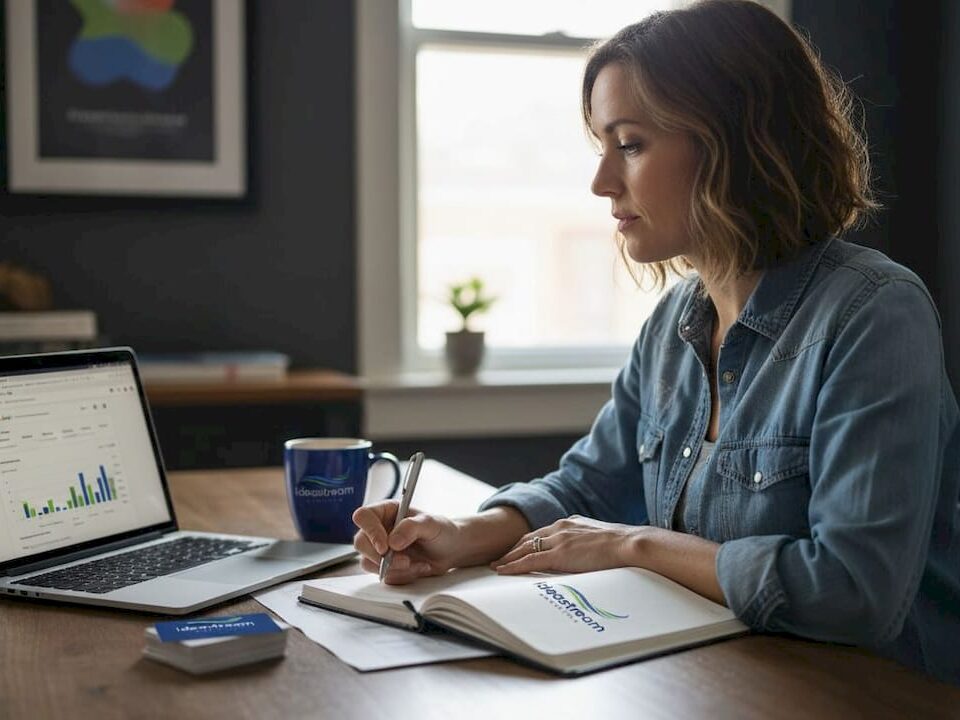 A woman in a blue denim shirt working on content marketing strategies with a laptop and notebook.