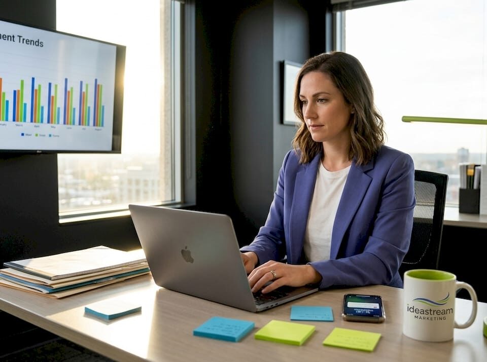 Marketing manager analyzing campaign results on a laptop in an office setting with engagement trends displayed on a screen.