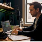 A man recording a podcast using a laptop and microphone in a modern workspace.