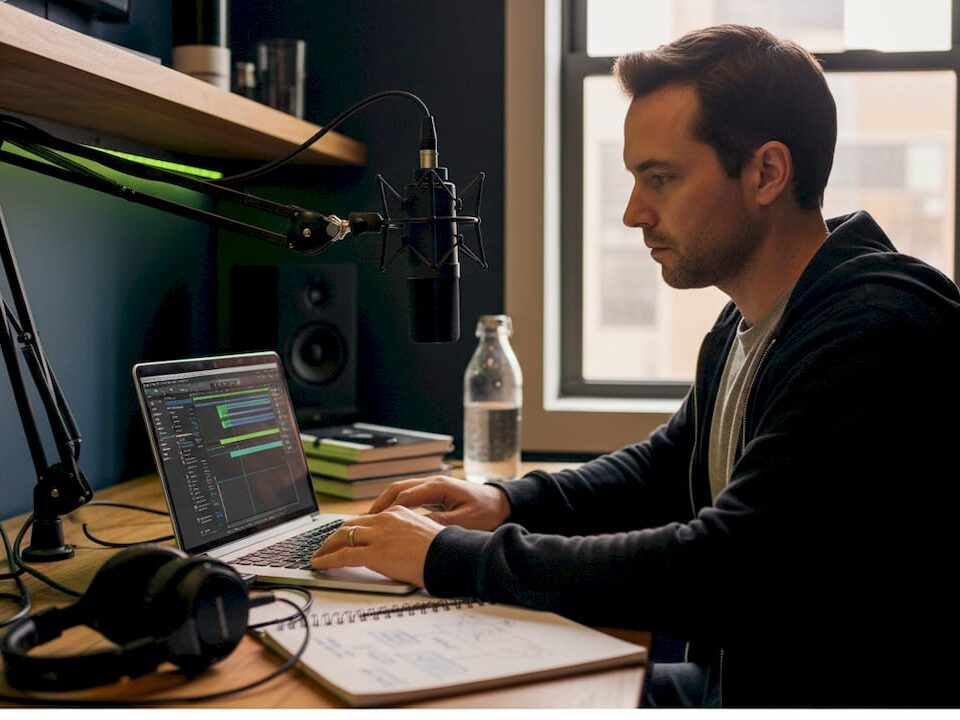A man recording a podcast using a laptop and microphone in a modern workspace.