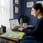 Social Media Manager Updating Instagram | Idea Stream Marketing A woman manages her Instagram profile on a laptop at a desk with a water bottle and stationery.