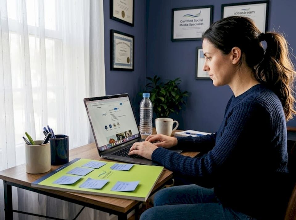 A woman manages her Instagram profile on a laptop at a desk with a water bottle and stationery.