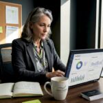Business Owner Reviewing Marketing Dashboard | Idea Stream Marketing Business owner analyzing marketing analytics on a laptop in a modern office setting.