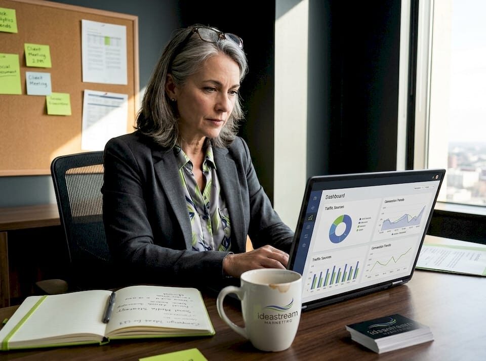 Business owner analyzing marketing analytics on a laptop in a modern office setting.