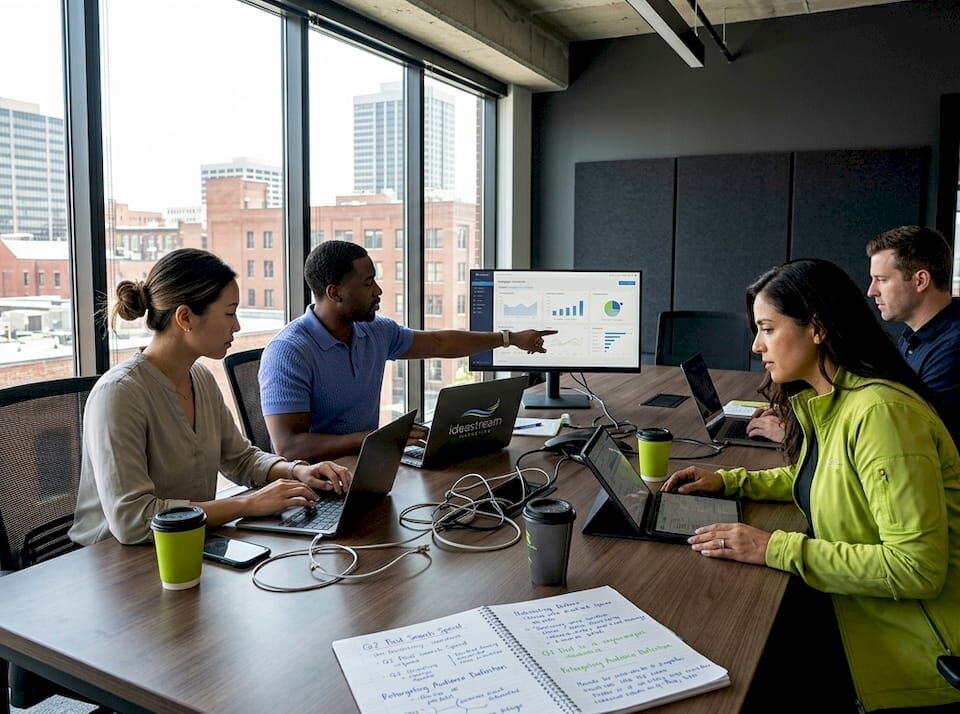 Digital marketing team collaborating in a modern office space with laptops and charts.