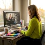 Marketer Editing YouTube Video | Idea Stream Marketing A woman in a bright green shirt editing a YouTube video at her desk, surrounded by notebooks and a plant.
