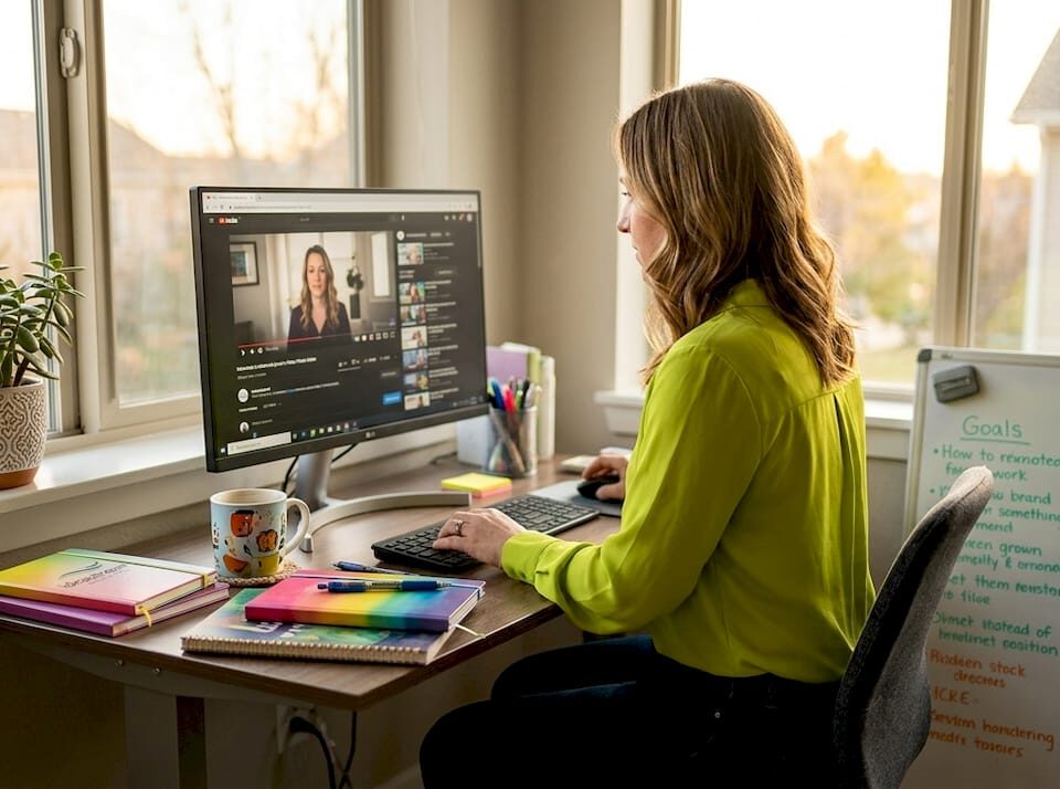 A woman in a bright green shirt editing a YouTube video at her desk, surrounded by notebooks and a plant.