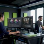 Video Editors in Studio Office | Idea Stream Marketing Two video editors working in a modern studio office with dual monitors.