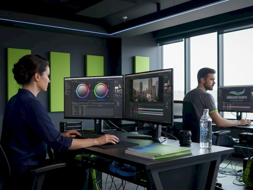 Two video editors working in a modern studio office with dual monitors.