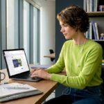 A woman in a green sweater working on a laptop at a desk with a coffee mug and notebooks, showcasing social media content creation.
