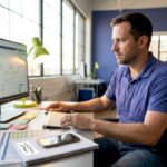 Man reviewing Facebook Ads campaign metrics on a large monitor in a bright workspace.