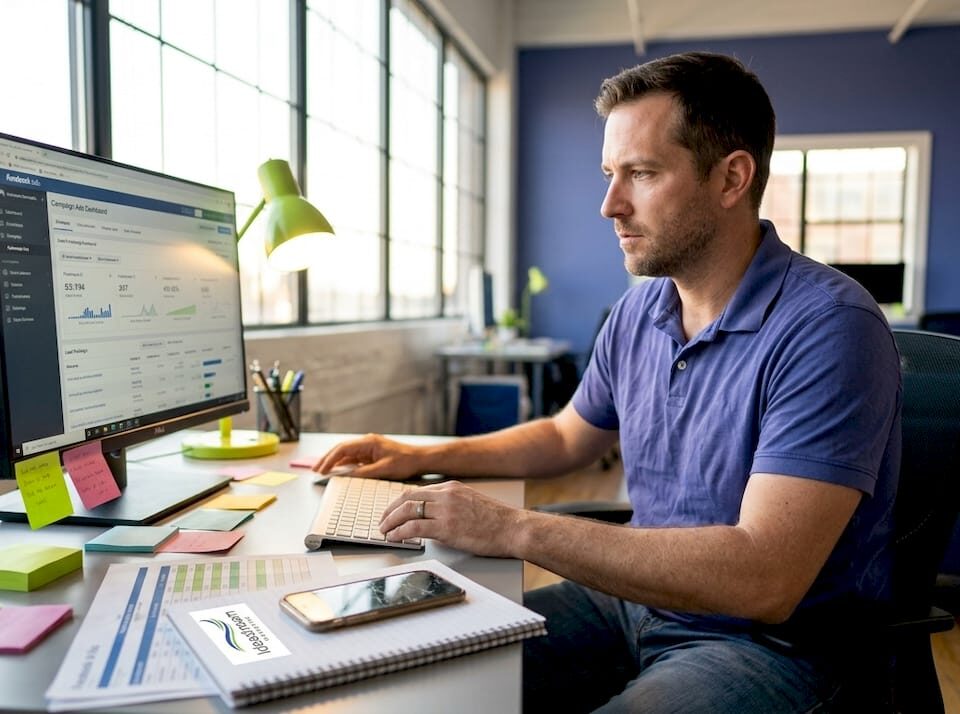 Man reviewing Facebook Ads campaign metrics on a large monitor in a bright workspace.