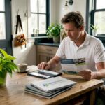 A contractor reviewing marketing materials at a kitchen table with plants and a cup of coffee.