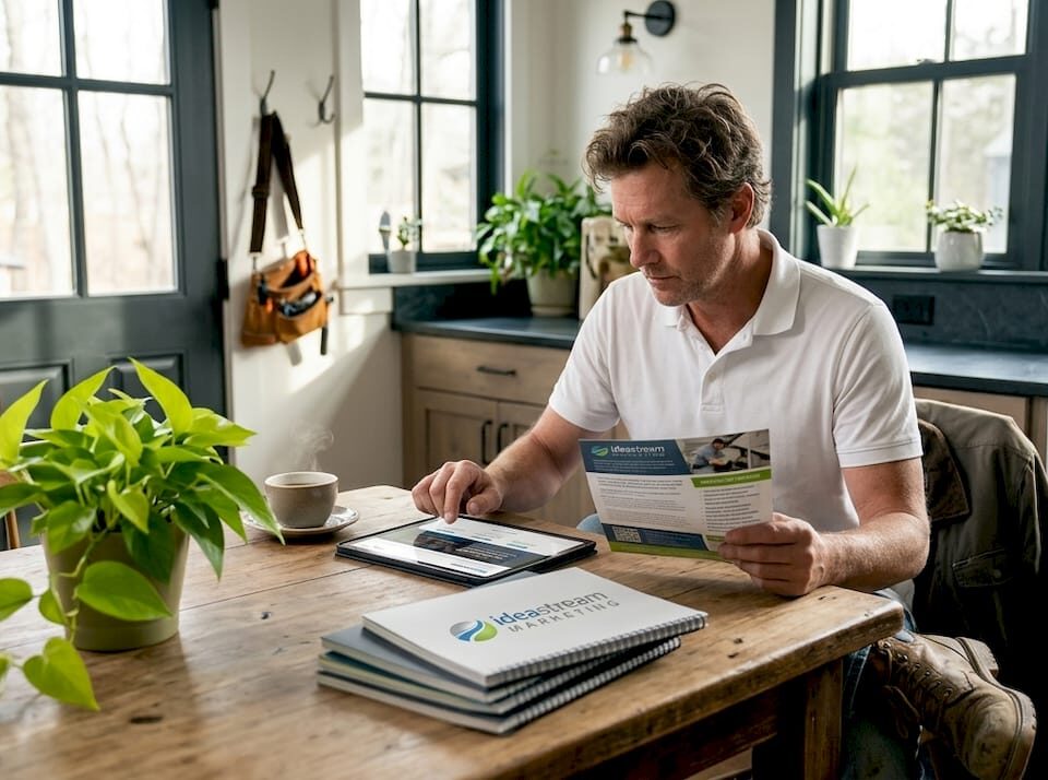 A contractor reviewing marketing materials at a kitchen table with plants and a cup of coffee.