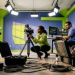 A video production team working in a studio with cameras and equipment.
