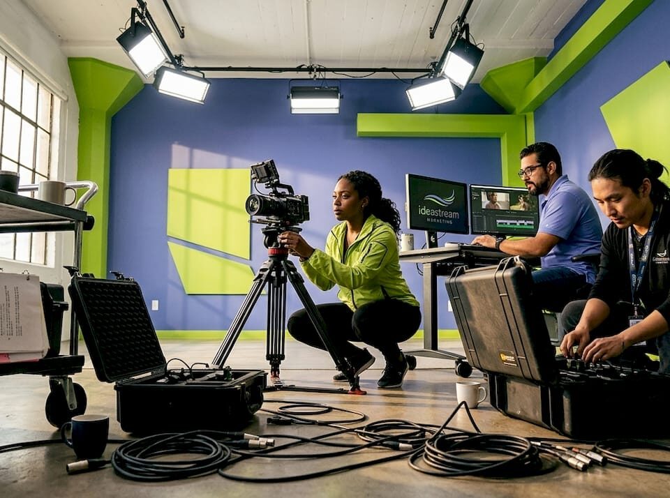 A video production team working in a studio with cameras and equipment.
