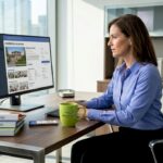 Real estate agent reviewing property listings on a computer in a modern office.