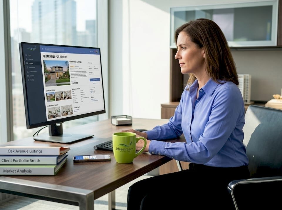 Real estate agent reviewing property listings on a computer in a modern office.