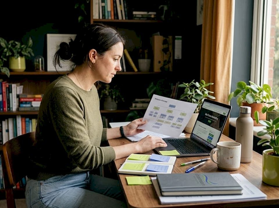 Woman reviewing website development plans with a laptop and notes at a desk.