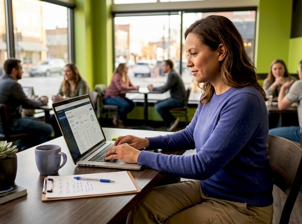 A woman working on a laptop in a cafe, with plants and notes on the table.
