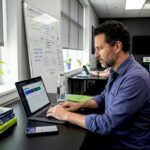 Marketing specialist analyzing SEO data on a laptop in a modern office.