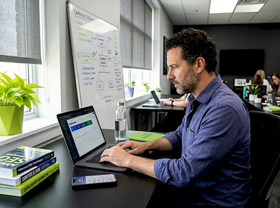 Marketing specialist analyzing SEO data on a laptop in a modern office.