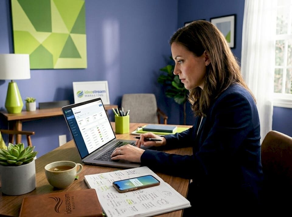 Businesswoman analyzing CRM software on a laptop in a modern office setting.