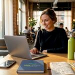 Woman Setting Up Website Chatbot | Idea Stream Marketing A woman working on her laptop in a modern café, smiling and engaged.