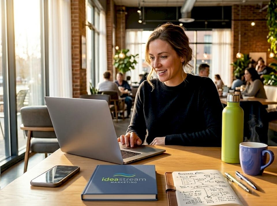 A woman working on her laptop in a modern café, smiling and engaged.