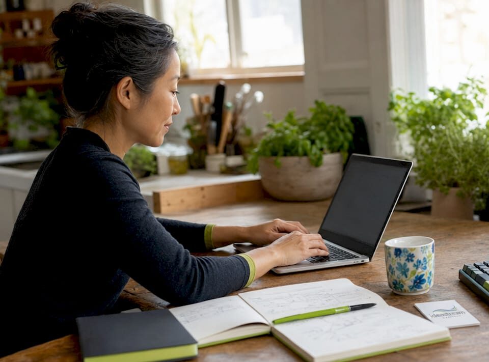 Businesswoman programming on a laptop in a cozy home office with plants.