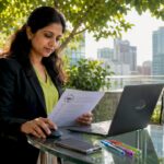 Business Analyst Using AI Chatbot Outdoors | Idea Stream Marketing Business analyst reviewing documents on a tablet outdoors with city skyline in the background.